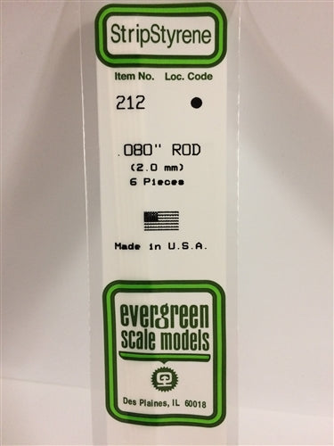Evergreen Scale Models 212 Styrene Rod .080" (.20cm) Pkg of 6 NIB