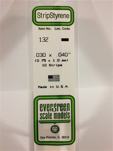 Evergreen Scale Models 132 Styrene Strip .020 X .0.40" (0.5 X 4.8mm) 10 strips NIB