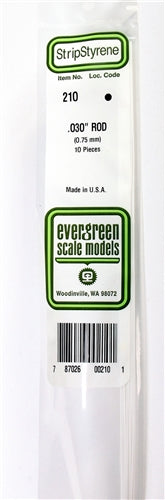 Evergreen Scale Models 210 Styrene Rod .030" (.75mm) Pkg of 10 NIB
