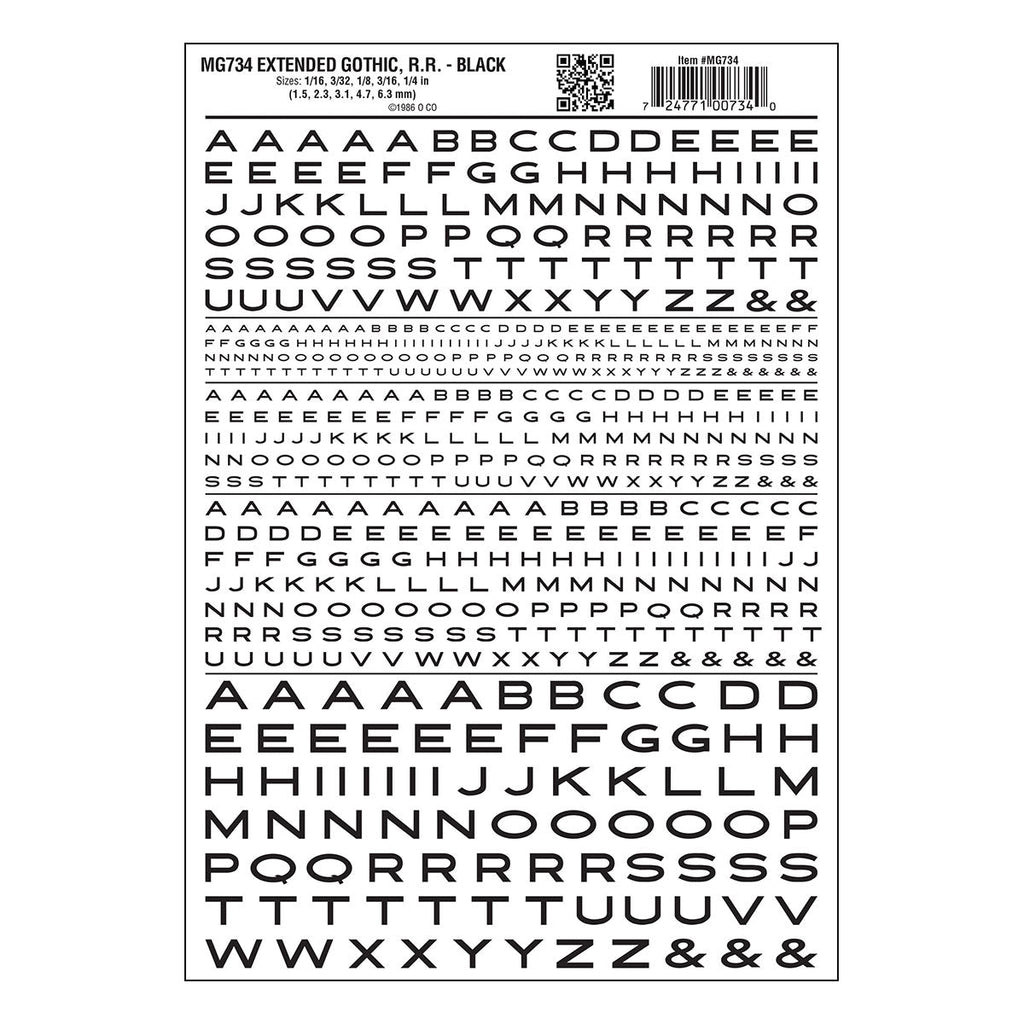 Woodland Scenics Model Graphics MG734 HO Dry Transfer Alphabet & Numbers Extended Railroad Gothic Black Decals NIB