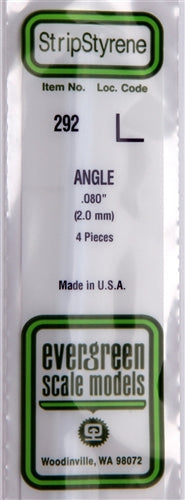 Evergreen Scale Models 292 Styrene Angle .080" (2.0mm) 4 pieces NIB