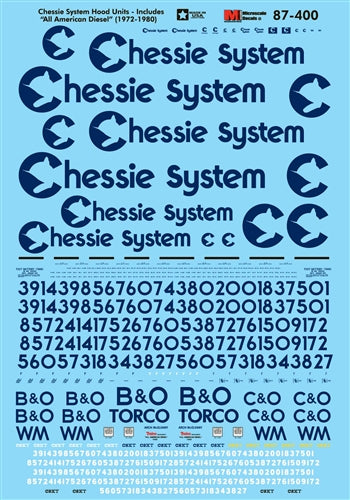 Microscale 87-400 HO Railroad Decal Set Chessie System Diesels "All American Diesel" 1972-198 Diesel Hood Units B&O C&O WM NIB