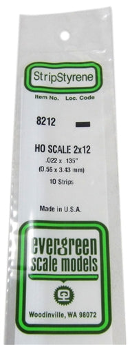 Evergreen Scale Models 8212 Styrene 2x12 .022 x .135" (0.56 x 3.43mm) 10 strips NIB