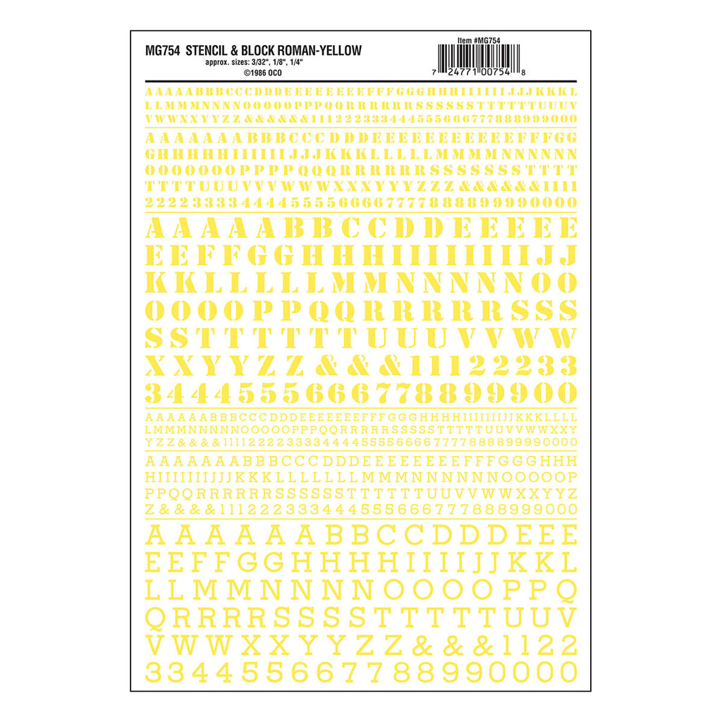Woodland Scenics Model Graphics MG754 HO Dry Transfer Decals Stencil & Block Roman Yellow NIB